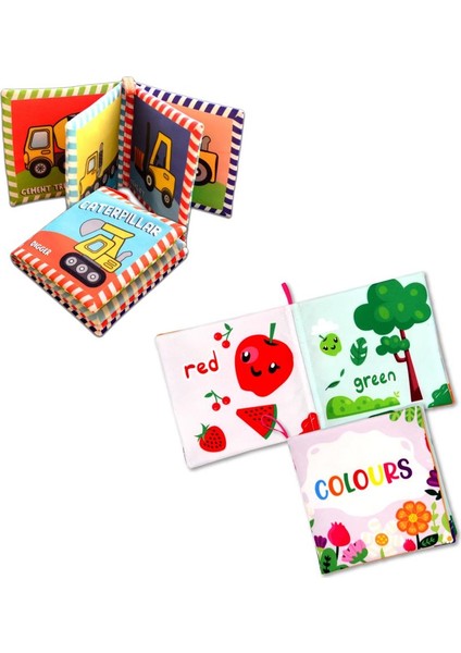 2 Kitap Tox Ingilizce Iş Makinaları ve Renkler Kumaş Sessiz Kitap E118 E129 - Bez Kitap , Eğitici Oyuncak , Yumuşak ve Hışırtılı