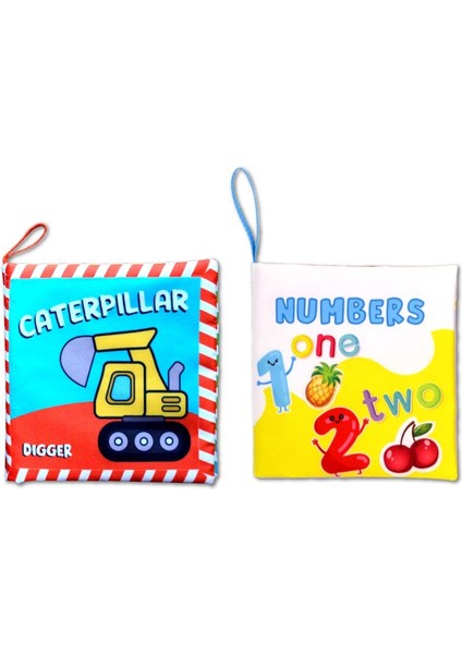 2 Kitap Tox Ingilizce Iş Makinaları ve Rakamlar Kumaş Sessiz Kitap E118 E128 - Bez Kitap , Eğitici Oyuncak , Yumuşak ve Hışırtılı