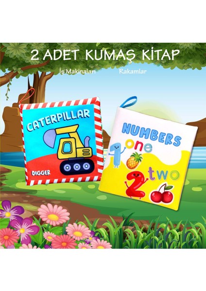 2 Kitap Tox Ingilizce Iş Makinaları ve Rakamlar Kumaş Sessiz Kitap E118 E128 - Bez Kitap , Eğitici Oyuncak , Yumuşak ve Hışırtılı