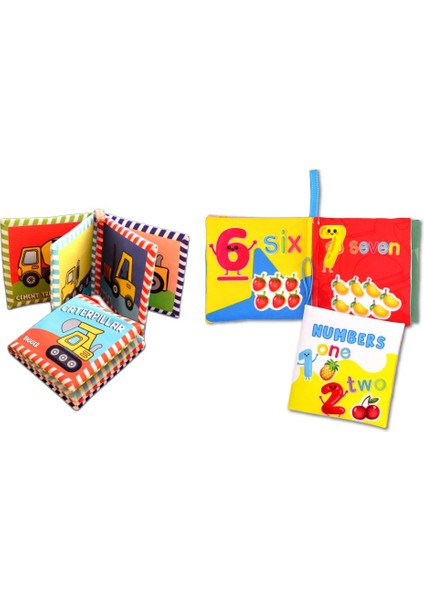 2 Kitap Tox Ingilizce Iş Makinaları ve Rakamlar Kumaş Sessiz Kitap E118 E128 - Bez Kitap , Eğitici Oyuncak , Yumuşak ve Hışırtılı