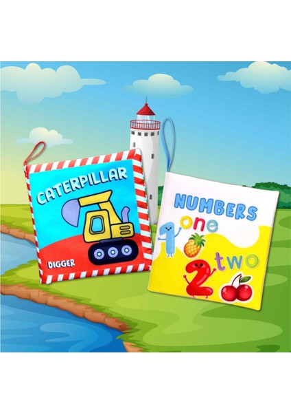 2 Kitap Tox Ingilizce Iş Makinaları ve Rakamlar Kumaş Sessiz Kitap E118 E128 - Bez Kitap , Eğitici Oyuncak , Yumuşak ve Hışırtılı