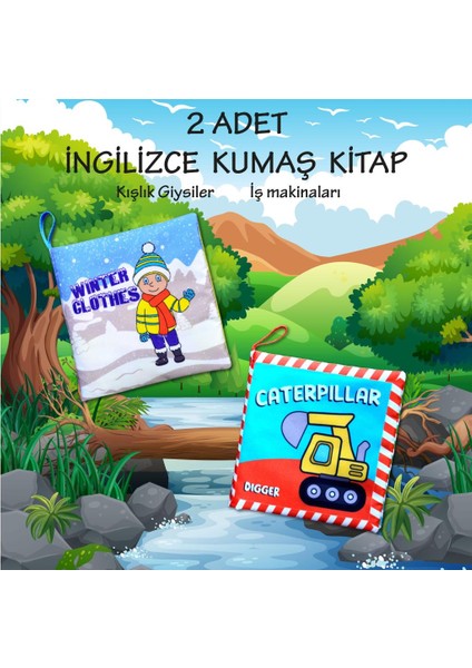 2 Kitap Tox Ingilizce Kışlık Giysiler ve Iş Makinaları Kumaş Sessiz Kitap E124 E132 - Bez Kitap , Eğitici Oyuncak , Yumuşak ve Hışırtılı