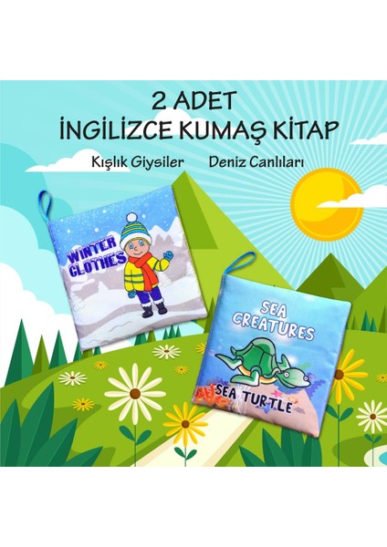 2 Kitap Tox Ingilizce Kışlık Giysiler ve Deniz Canlıları Kumaş Sessiz Kitap E124 E122 - Bez Kitap , Eğitici Oyuncak , Yumuşak ve Hışırtılı