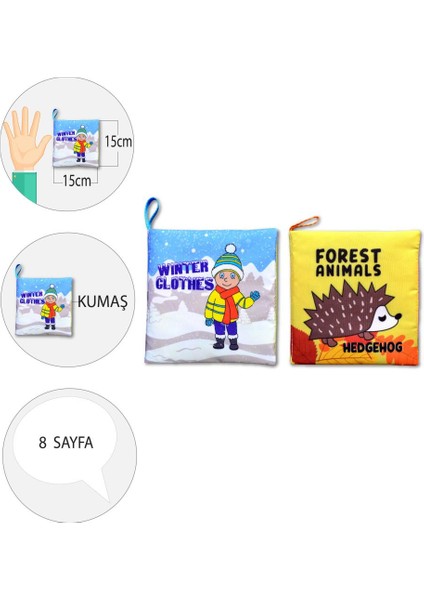 2 Kitap Tox Ingilizce Kışlık Giysiler ve Orman Hayvanları Kumaş Sessiz Kitap E124 E127 - Bez Kitap , Eğitici Oyuncak , Yumuşak ve Hışırtılı fırsatları