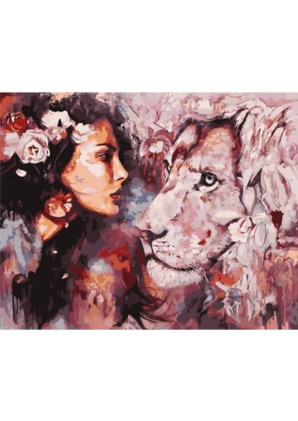 Canvas Kadın ve Aslan Sevgisi Sayılarla Boyama Seti Kasnaklı 50 x 65 cm