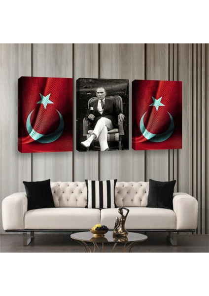 Reklam Ofisi Mustafa Kemal Atatürk,türk Bayrağı 3 Parçalı Kanvas Tablo