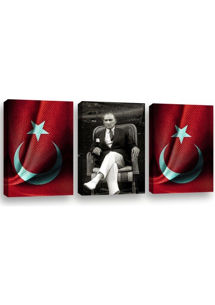 Mustafa Kemal Atatürk,türk Bayrağı 3 Parçalı Kanvas Tablo