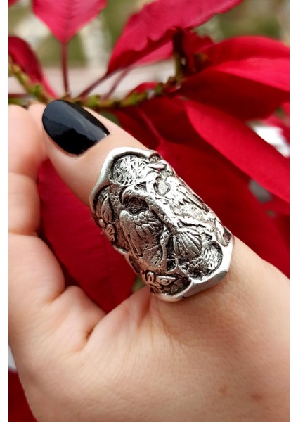 Antik Gümüş Kaplama Çift Başlı Kartal Şekilli El Yapımı Ayarlanabilir Erkek Yüzük