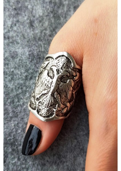 Antik Gümüş Kaplama Çift Başlı Kartal Şekilli El Yapımı Ayarlanabilir Erkek Yüzük fiyatları