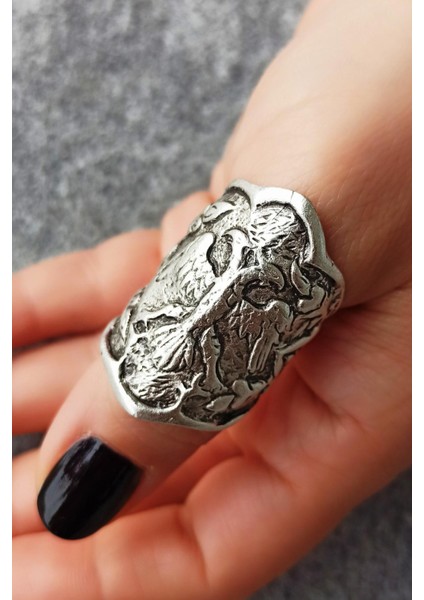 Antik Gümüş Kaplama Çift Başlı Kartal Şekilli El Yapımı Ayarlanabilir Erkek Yüzük modelleri