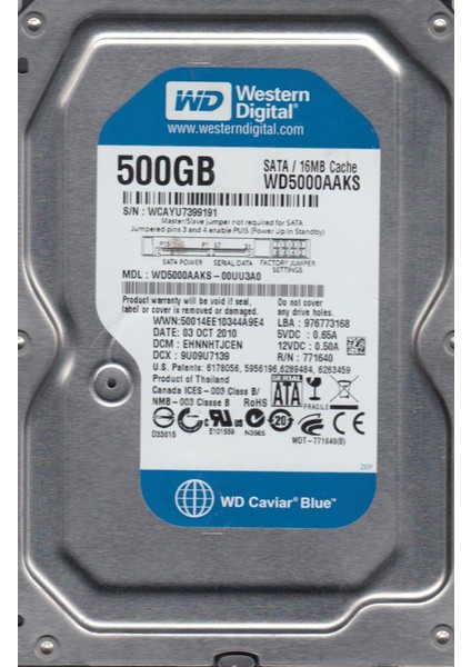 Blue WD5000AAKS 500 GB 3.5" 7200 Rpm Sata 3 HDD