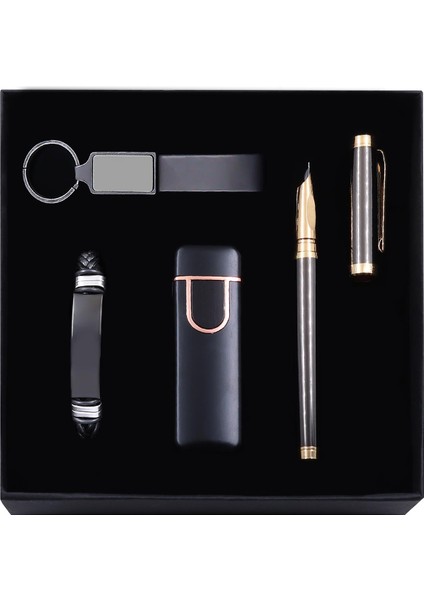 Füme Kalem & Siyah Rose USB Şarjlı ve Dokunmatik Çakmak & Siyah Anahtarlık & Siyah Bileklik Hediye Seti