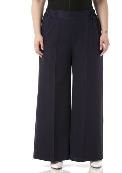 Büyük Beden Beli Yanlardan ve Arkadan Lastikli Bol Paça Double Lacivert Pantolon