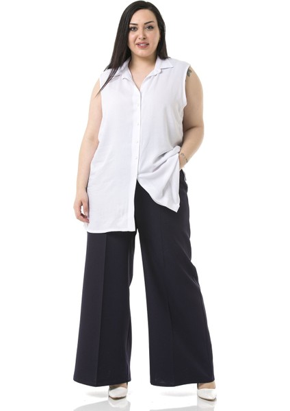 Büyük Beden Beli Yanlardan ve Arkadan Lastikli Bol Paça Double Lacivert Pantolon fiyatları