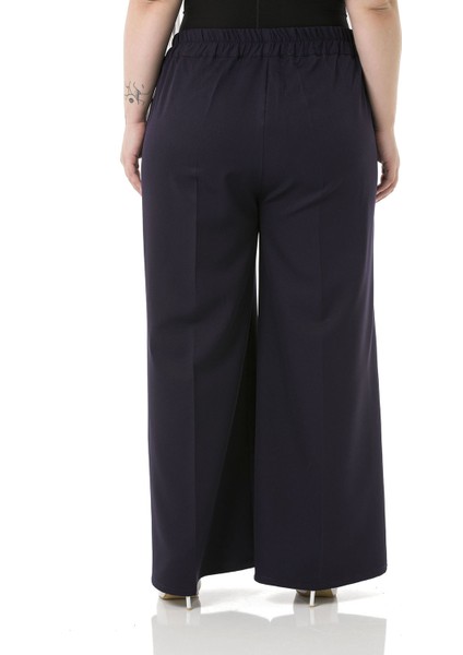 Büyük Beden Beli Yanlardan ve Arkadan Lastikli Bol Paça Double Lacivert Pantolon modelleri