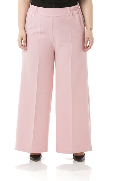 Büyük Beden Beli Yanlardan ve Arkadan Lastikli Bol Paça Double Pudra Rengi Pantolon