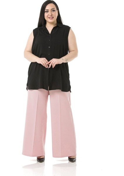 Büyük Beden Beli Yanlardan ve Arkadan Lastikli Bol Paça Double Pudra Rengi Pantolon fiyatları