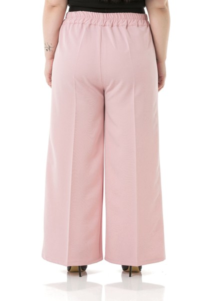 Büyük Beden Beli Yanlardan ve Arkadan Lastikli Bol Paça Double Pudra Rengi Pantolon modelleri
