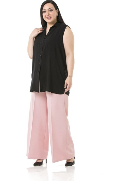 Büyük Beden Beli Yanlardan ve Arkadan Lastikli Bol Paça Double Pudra Rengi Pantolon fırsatları