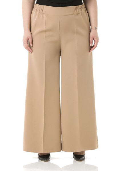 Büyük Beden Beli Yanlardan ve Arkadan Lastikli Bol Paça Double Vizon Pantolon