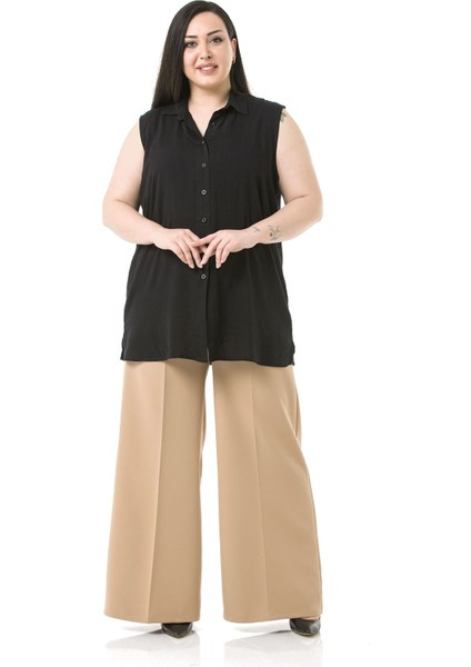 Büyük Beden Beli Yanlardan ve Arkadan Lastikli Bol Paça Double Vizon Pantolon fiyatları