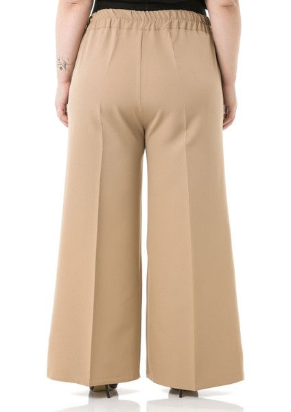 Büyük Beden Beli Yanlardan ve Arkadan Lastikli Bol Paça Double Vizon Pantolon modelleri