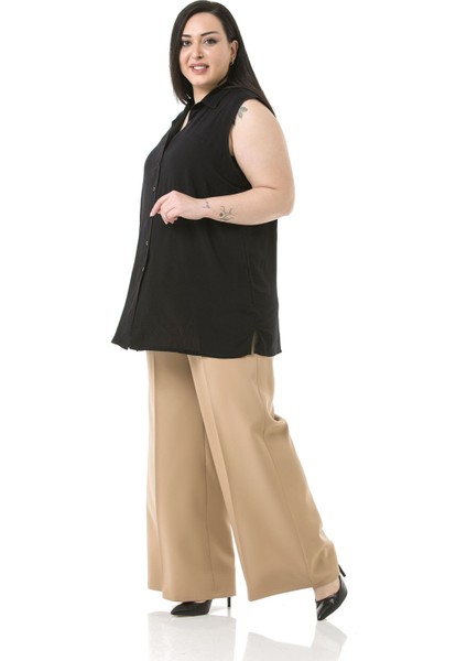 Büyük Beden Beli Yanlardan ve Arkadan Lastikli Bol Paça Double Vizon Pantolon fırsatları