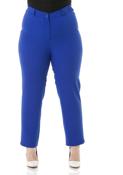 Büyük Beden Beli Yanlardan Lastikli Fermuarlı Paçası Yırtmaçlı Indigo Pantolon