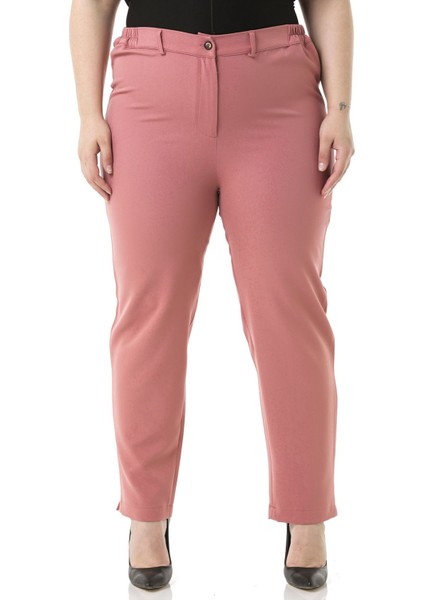 Büyük Beden Beli Yanlardan Lastikli Fermuarlı Paçası Yırtmaçlı Gül Kurusu Pantolon