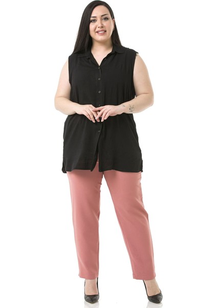 Büyük Beden Beli Yanlardan Lastikli Fermuarlı Paçası Yırtmaçlı Gül Kurusu Pantolon fiyatları