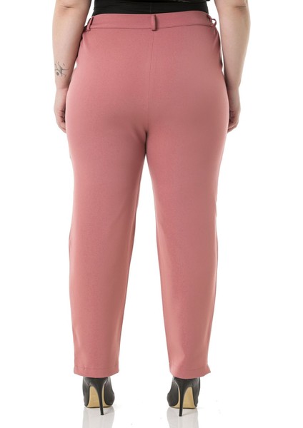 Büyük Beden Beli Yanlardan Lastikli Fermuarlı Paçası Yırtmaçlı Gül Kurusu Pantolon modelleri