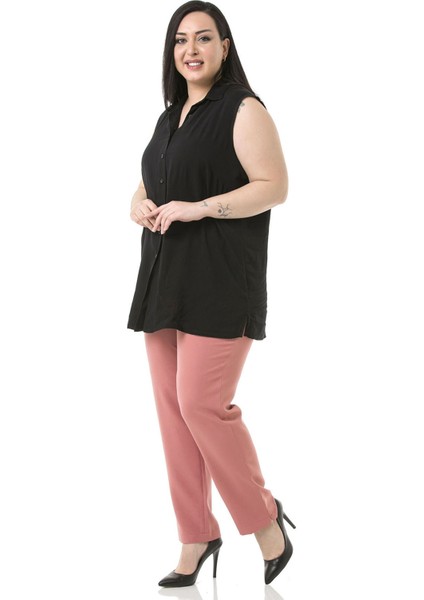 Büyük Beden Beli Yanlardan Lastikli Fermuarlı Paçası Yırtmaçlı Gül Kurusu Pantolon fırsatları