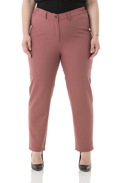 Büyük Beden Beli Yanlardan Lastikli Fermuarlı Paçası Yırtmaçlı Pembe Pantolon