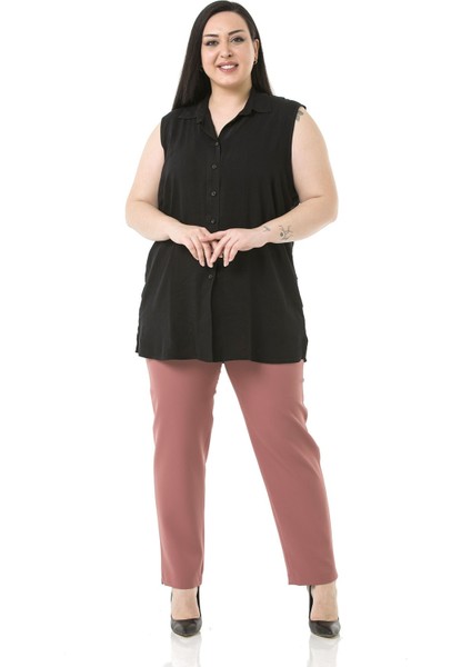 Büyük Beden Beli Yanlardan Lastikli Fermuarlı Paçası Yırtmaçlı Pembe Pantolon fiyatları