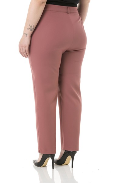 Büyük Beden Beli Yanlardan Lastikli Fermuarlı Paçası Yırtmaçlı Pembe Pantolon modelleri