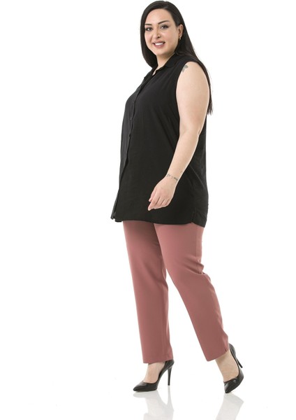 Büyük Beden Beli Yanlardan Lastikli Fermuarlı Paçası Yırtmaçlı Pembe Pantolon fırsatları