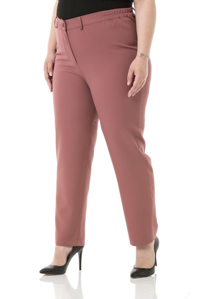 Büyük Beden Beli Yanlardan Lastikli Fermuarlı Paçası Yırtmaçlı Pembe Pantolon indirimleri