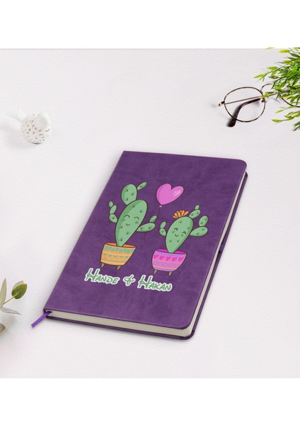 Kişiye Özel Kaktüs Tasarımlı Mor Termo Deri Defter Model 12