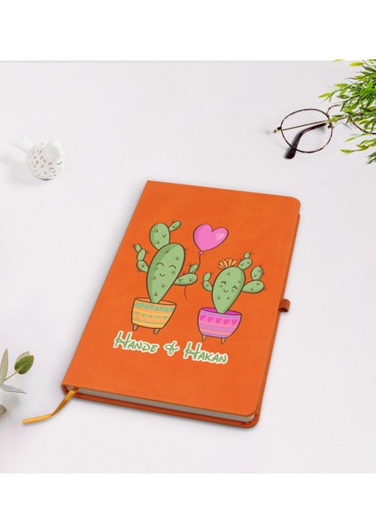 Kişiye Özel Kaktüs Tasarımlı Turuncu Termo Deri Defter Model 12