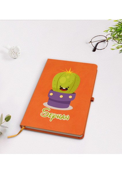 Kişiye Özel Kaktüs Tasarımlı Turuncu Termo Deri Defter Model 10