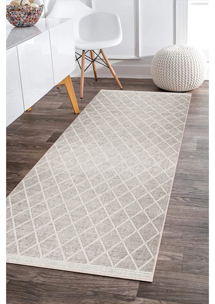 Dijital Baskılı Kaymaz Taban Yıkanabilir Vizon Baklava Dilim Krem Salon HALI-YOLLUK-D4007