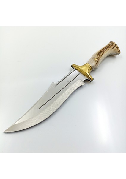 El Yapımı Kamp Bıçağı 30,5 cm Geyik Boynuzu Kabzeli Paslanmaz Av Bıçağı Deri Kılıflı Bıçak