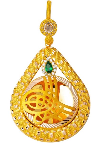 Yeşil Taşlı Damla Tuğra Altın Kolye Ucu