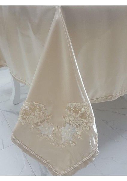 Anjelica Lüx İncili Dantelli Monoray Kumaş Bej Masa Örtüsü Dikdörtgen 170x230 cm - 1018 fiyatları