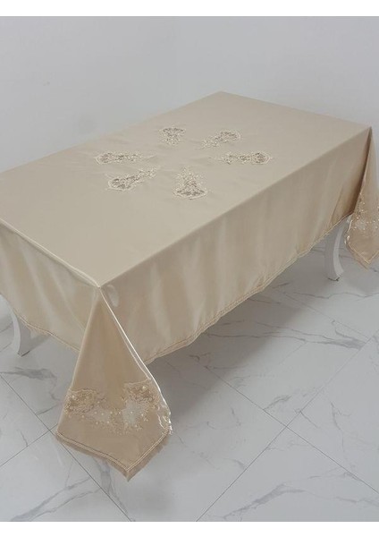 Anjelica Lüx İncili Dantelli Monoray Kumaş Bej Masa Örtüsü Dikdörtgen 170x330 cm - 1019