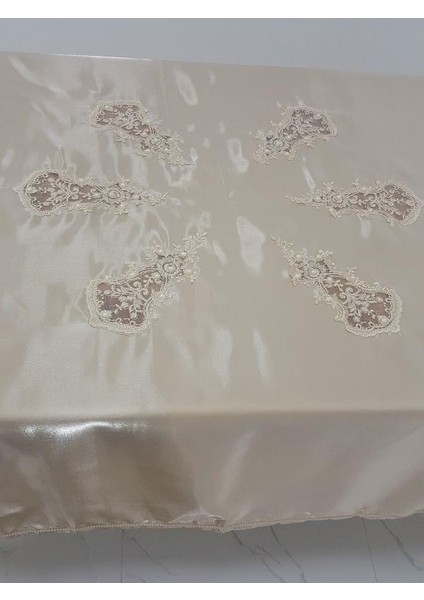 Anjelica Lüx İncili Dantelli Monoray Kumaş Bej Masa Örtüsü Dikdörtgen 170x330 cm - 1019
