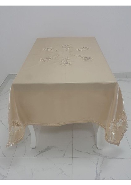 Anjelica Lüx İncili Dantelli Monoray Kumaş Bej Masa Örtüsü Dikdörtgen 170x330 cm - 1019