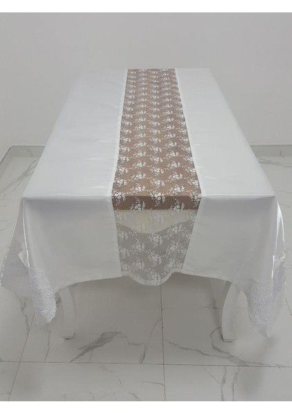 Elegant Lüx Dantelli Monoray Kumaş Beyaz Masa Örtüsü  Dikdörtgen 170x230 cm - 1023