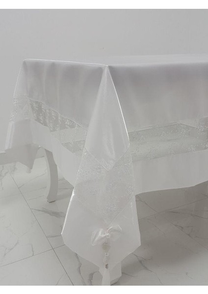 Gelin Lüx Dantelli Monoray Kumaş Beyaz Masa Örtüsü Dikdörtgen 170x230 cm - 1026 modelleri