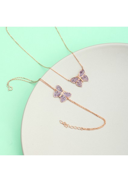 925 Ayar Gümüş Amatist Taşlı Kelebek Model Kolye Bileklik Takı Seti fiyatları